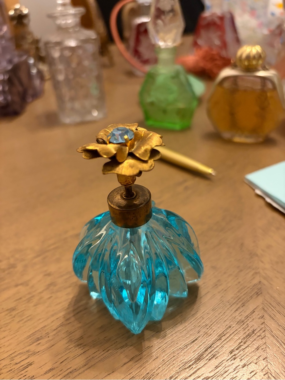 Decorative Blue Glass Flower Accent with Gold Top